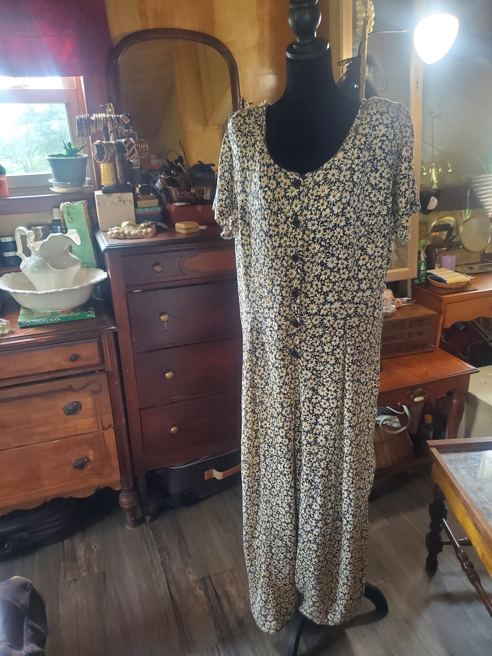 Vintage 90s Daisy Print Jumpsuit Wide Leg Palazzo Button Front Romper Navy - Picture 3 of 11